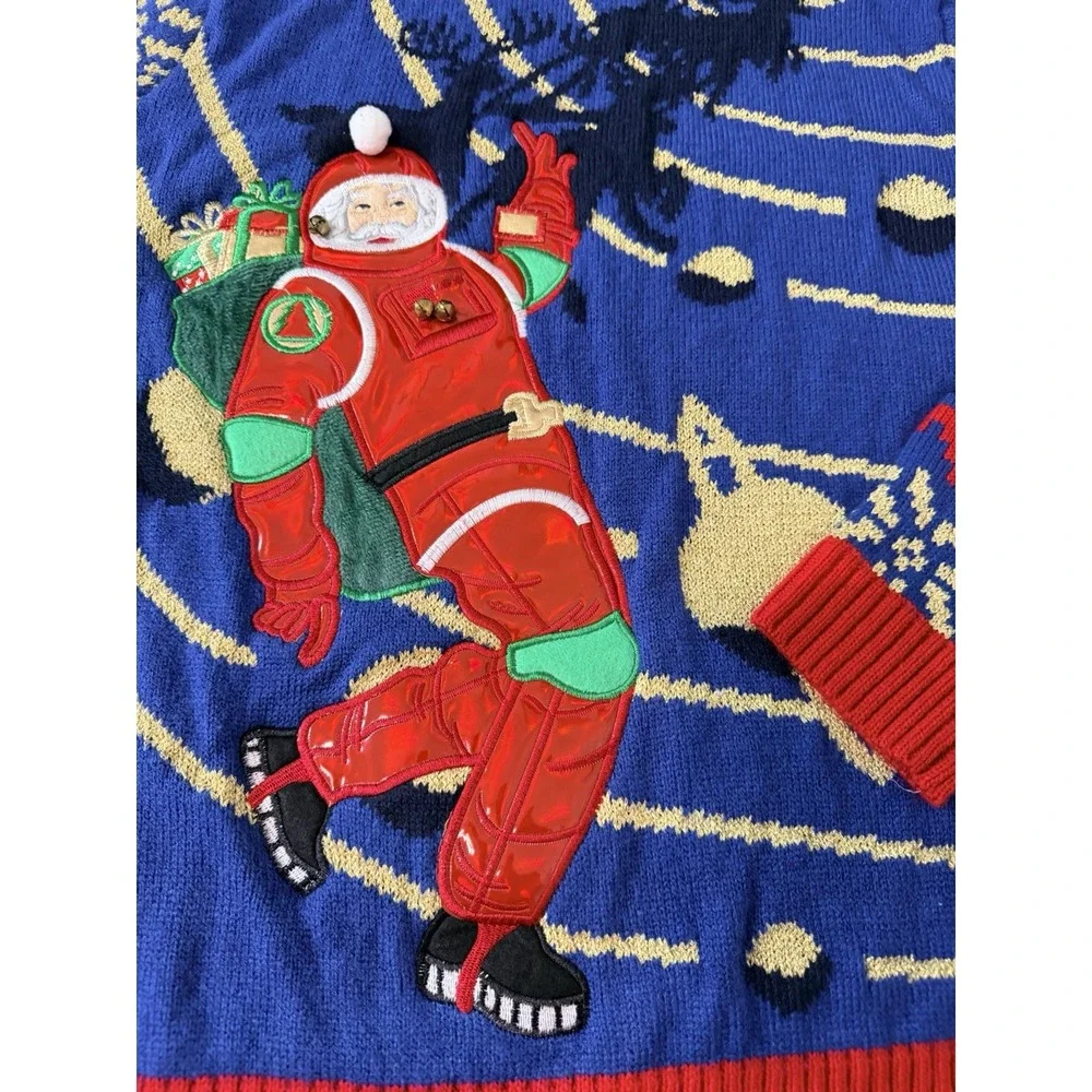 Mens Ugly Christmas Sweater Astronaut Moon Walk Space Santa Funny 3D Bells Sz XL